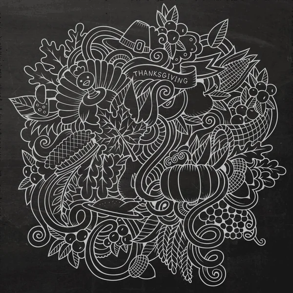 Tecknad Vektor Handritad Doodle Thanksgiving Chalkboard Design Bakgrund Med Objekt — Stock vektor