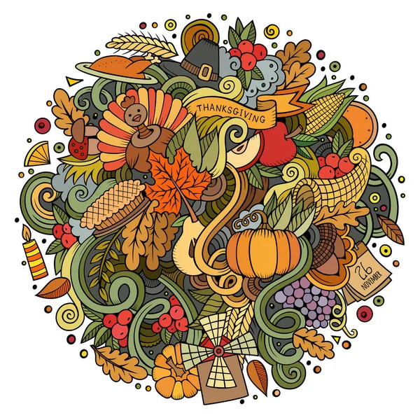 Tecknad Söt Klotter Handritad Thanksgiving Illustration Färgglada Detaljerad Med Massor — Stock vektor