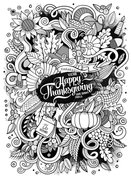 Tecknad Söt Klotter Handritad Thanksgiving Illustration Sketchy Detaljerad Med Massor — Stock vektor