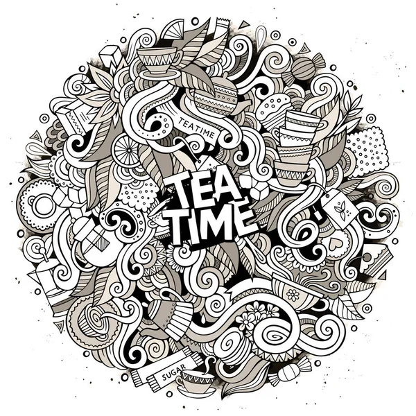 Cartoon Cute Doodles Hand Drawn Tea Time Illustration Sketchy Detailed — Stock Vector