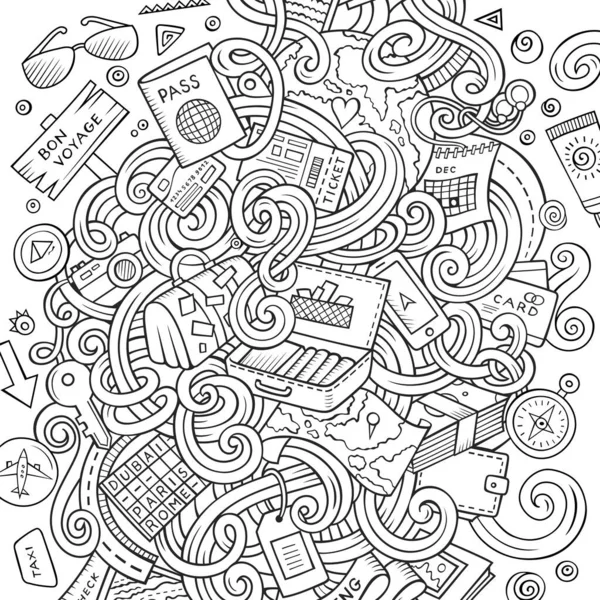 Tekenfilm Schattige Doodles Hand Getekend Reizen Illustratie Line Art Gedetailleerd — Stockvector