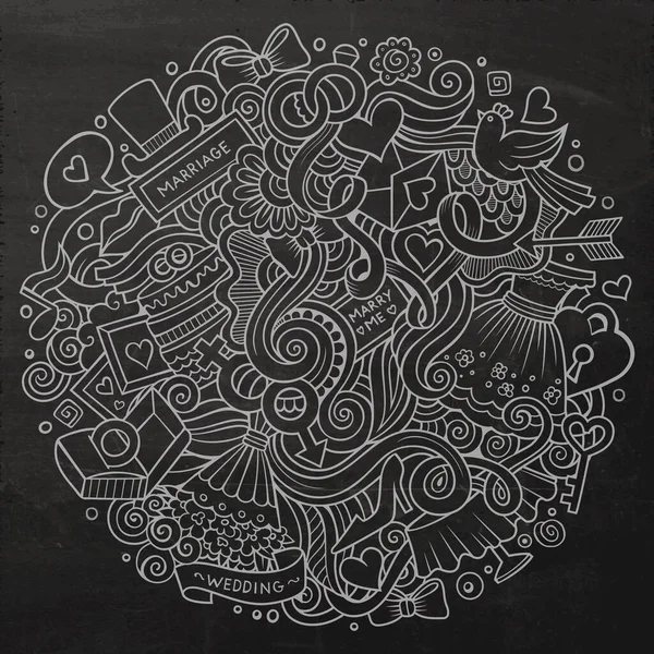 Tekenfilm Schattige Doodles Hand Getekend Bruiloft Illustratie Chalkboard Gedetailleerd Met — Stockvector