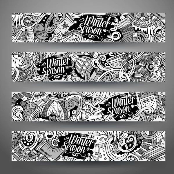 漫画かわいいラインアートベクトル手は 企業アイデンティティ冬の季節の落書きを描いた 2水平バナーデザイン テンプレートセット — ストックベクタ