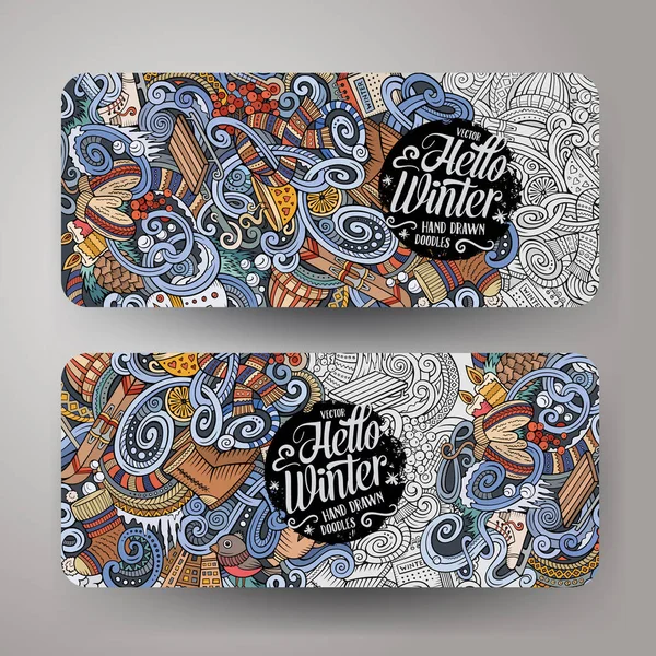 漫画のかわいいカラフルなベクトル手のドールズ冬の季節の企業アイデンティティを描いた 2水平バナーデザイン テンプレートセット — ストックベクタ