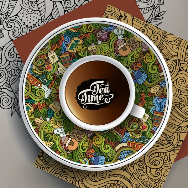 Vektor Illustration Mit Einer Tasse Und Handgezeichneten Teekritzeleien Auf Untertasse — Stockvektor