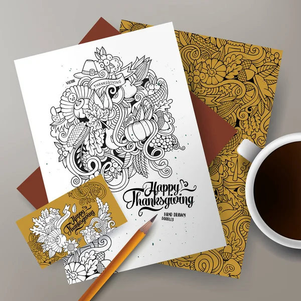 Corporate Identity Vektor Vorlagen Set Design Mit Doodles Handgezeichnet Thanksgiving — Stockvektor