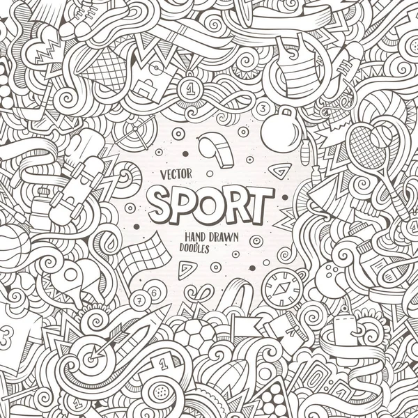 漫画かわいいドールズ手描きスポーツフレームデザイン ラインアートの詳細は オブジェクトの背景がたくさんある 面白いベクトルイラスト スポーツ用品とのヴィンテージボーダー — ストックベクタ