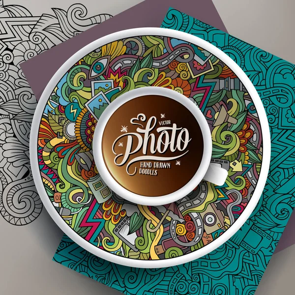 Ilustración Vectorial Con Una Taza Café Dibujado Mano Foto Garabatos — Archivo Imágenes Vectoriales