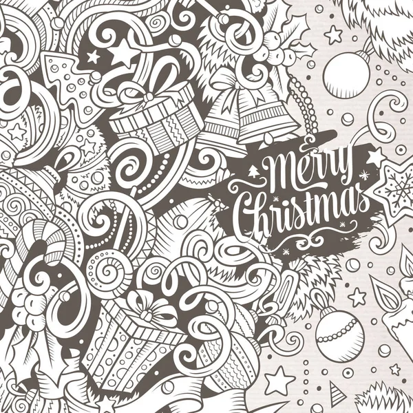 卡通可爱的涂鸦手绘快乐新年框架设计 详细的素描 有大量的对象背景 有趣的矢量说明 圣诞物品的线条艺术边界 — 图库矢量图片