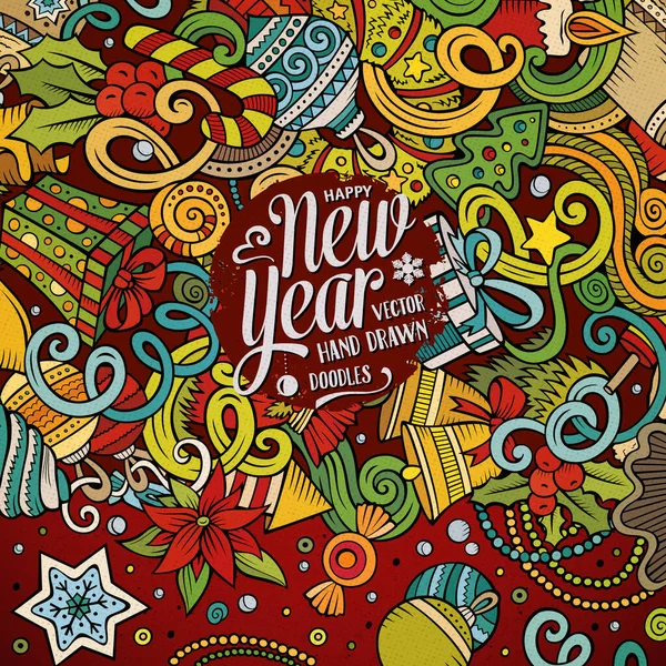 Tekenfilm Schattige Doodles Met Hand Getekend Happy New Year Frame — Stockvector