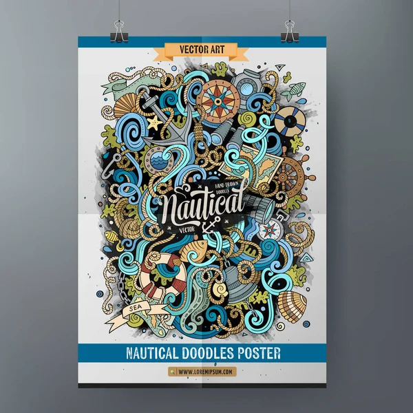Cartoon Kleurrijke Hand Getekend Krabbels Nautische Poster Template Zeer Gedetailleerd — Stockvector