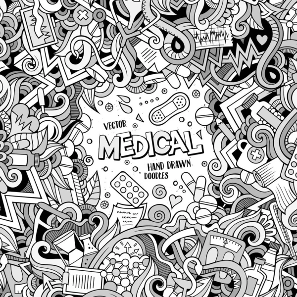 Karikatür Çizimi Tıbbi Çerçeve Tasarımı Çizgi Çizimleri Detaylı Arka Planda — Stok Vektör