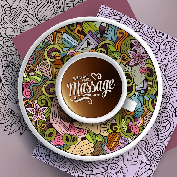 Vektor Illustration Mit Einer Tasse Kaffee Und Handgezeichneten Massage Doodles — Stockvektor