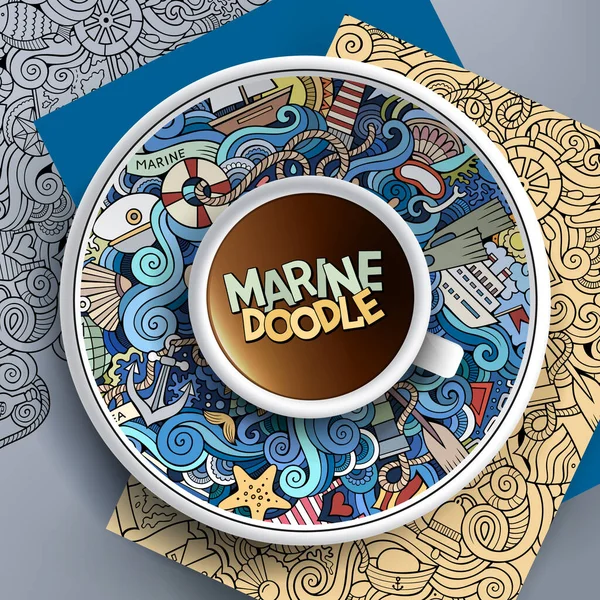 用一杯咖啡和手工在碟子 纸张和背景上绘制的海洋涂鸦来说明病媒 — 图库矢量图片