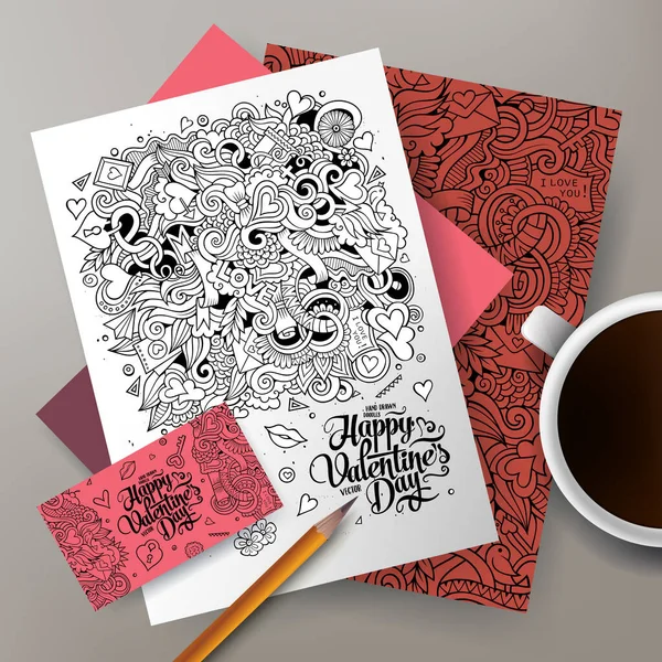 Cartoon Niedlichen Bunten Vektor Handgezeichneten Doodles Liebe Corporate Identity Set — Stockvektor