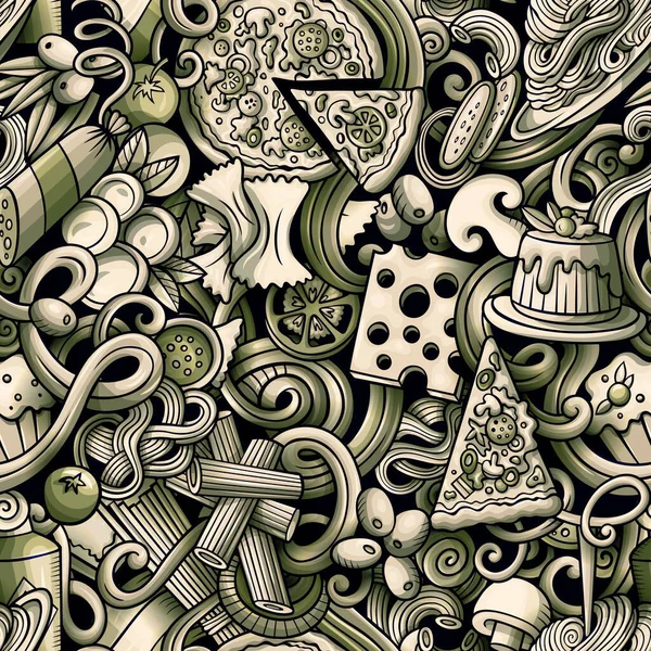 Cartoon Niedliche Kritzeleien Handgezeichnet Italian Food Nahtlose Muster Monochrom Detailliert — Stockvektor