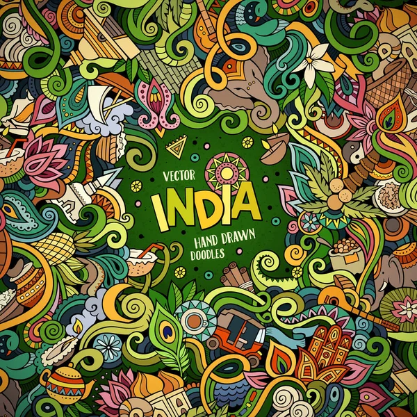 漫画手绘涂鸦印度的例子 色彩斑斓的框架结构 有大量的物体矢量设计背景 — 图库矢量图片