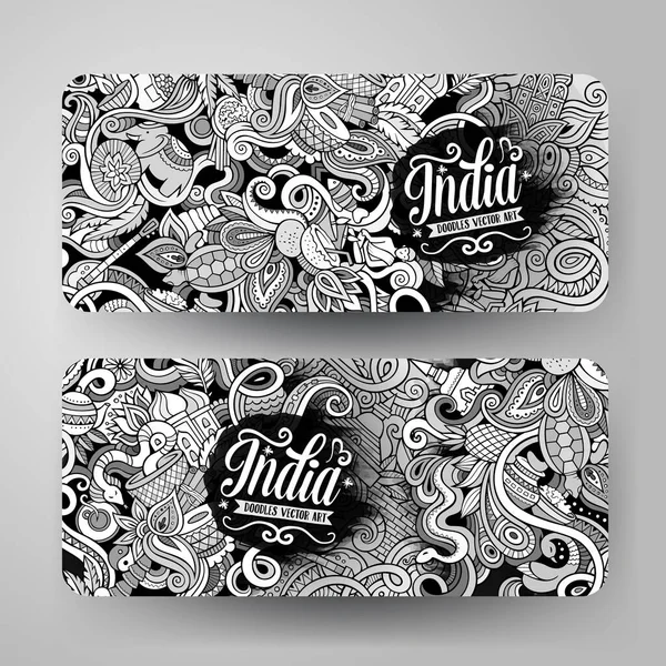 卡通可爱线条艺术矢量手绘涂鸦印度企业的身份 2个横向横幅设计 模板设定 — 图库矢量图片