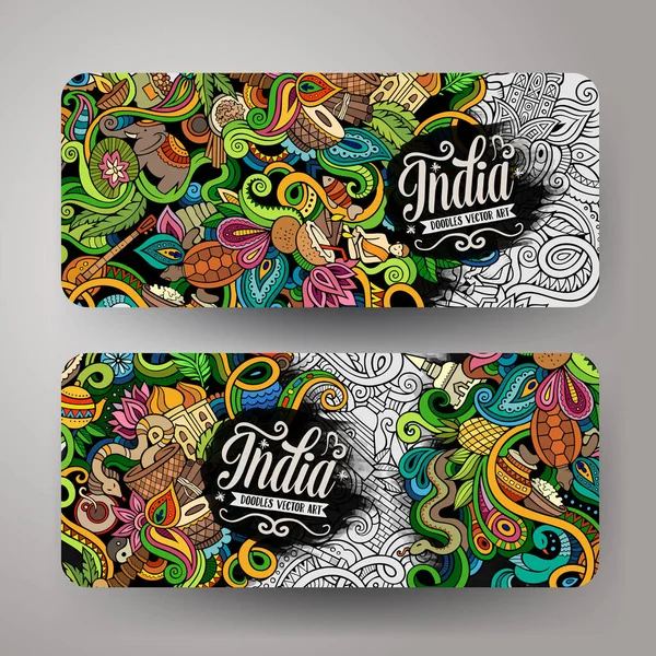 卡通可爱的彩色矢量手绘涂鸦印度企业的身份 2个横向横幅设计 模板设定 — 图库矢量图片