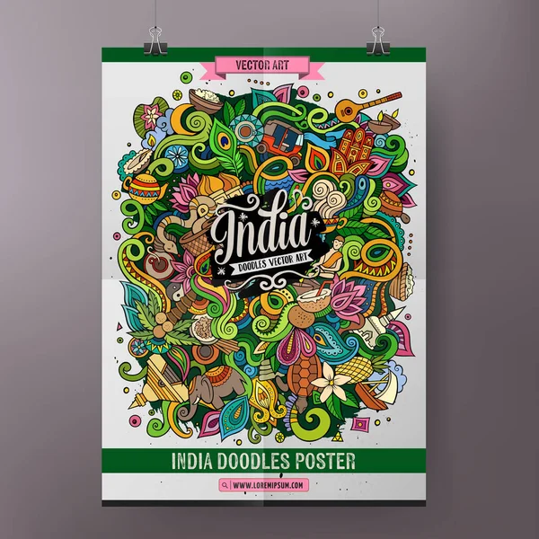 Cartoon Kleurrijke Hand Getekend Doodles India Poster Template Zeer Gedetailleerd — Stockvector