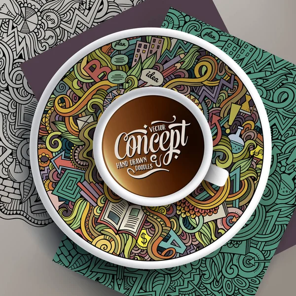 ソーサー 背景にコーヒーと手描きのアイデアのドドルのカップとベクトルイラスト — ストックベクタ