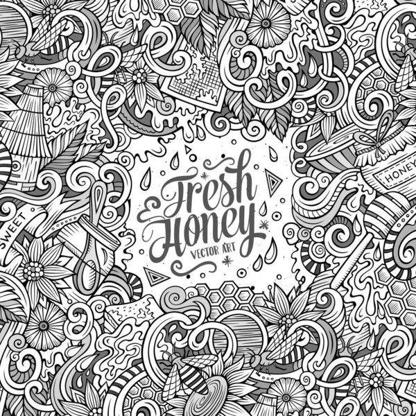 Tekenfilm Schattige Doodles Hand Getekend Honing Frame Ontwerp Line Art — Stockvector