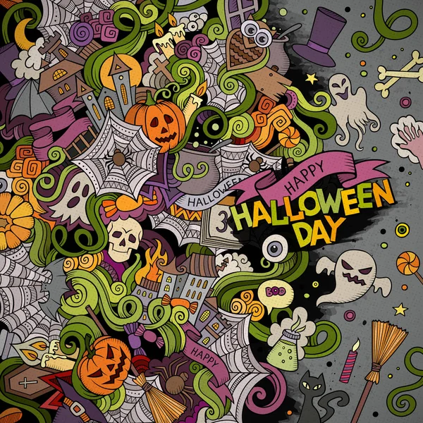 Cartoon Cute Doodles Hand Drawn Happy Halloween Frame Design Colorful — Stock Vector