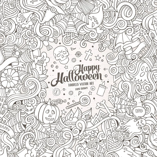 Tecknad Söt Klotter Handritade Happy Halloween Ram Design Linjekonst Detaljerad — Stock vektor