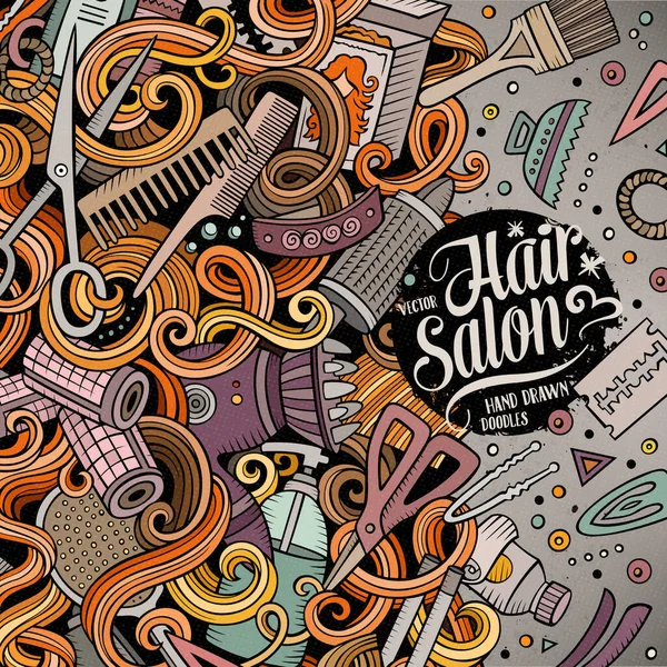 Kreskówka Cute Doodles Ręcznie Rysowane Salon Fryzjerski Projekt Ramy Kolorowe — Wektor stockowy