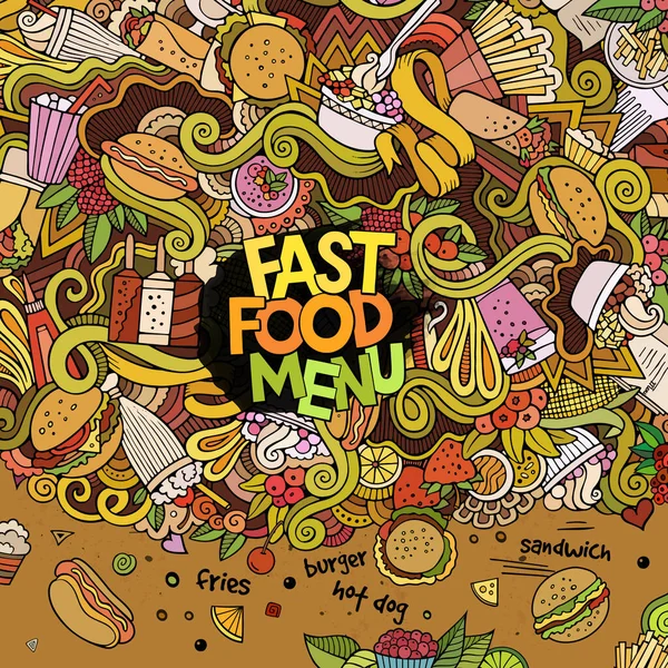 Cartoon Vektor Ručně Kreslené Čmáranice Téma Fast Food Sladkosti Karty — Stockový vektor