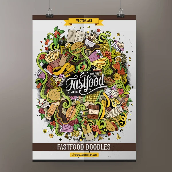 Tekenfilm Kleurrijke Hand Getekend Doodles Fast Food Poster Template Zeer — Stockvector