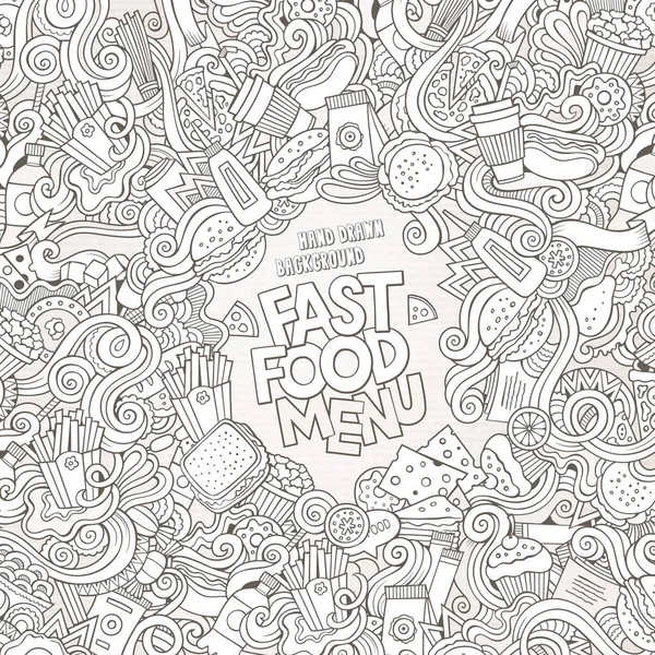Fast Food Doodles Elementi Cornice Sfondo Illustrazione Vettoriale — Vettoriale Stock