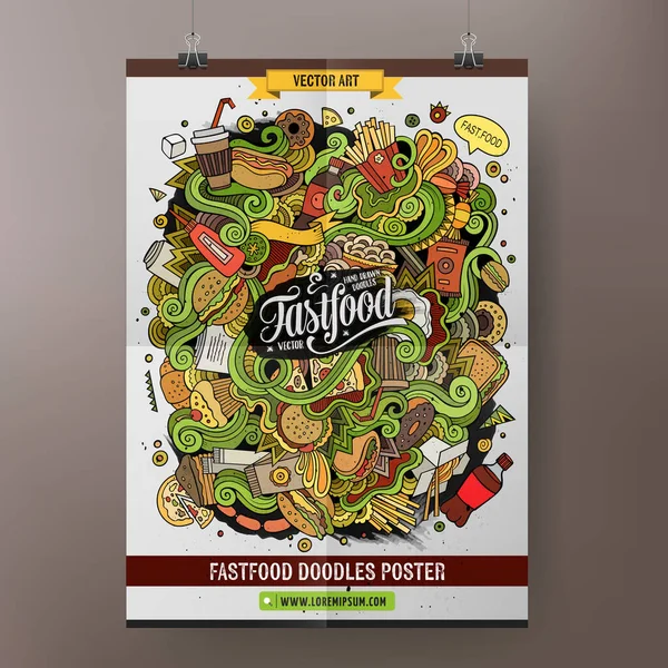 Tekenfilm Kleurrijke Hand Getekend Doodles Fast Food Poster Template Zeer — Stockvector