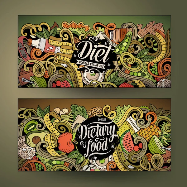 卡通可爱的彩色矢量手绘涂鸦饮食企业的身份 2个横向横幅设计 模板设定 — 图库矢量图片