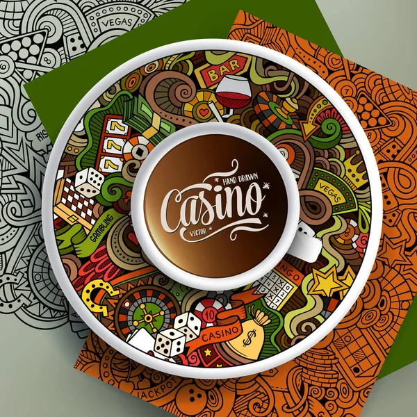 Ilustración Vectorial Con Una Taza Café Garabatos Casino Dibujados Mano — Archivo Imágenes Vectoriales