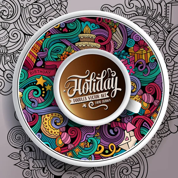 Vector Illustration Cup Coffee Hand Drawn Holidays Doodles Saucer Background — Stock Vector