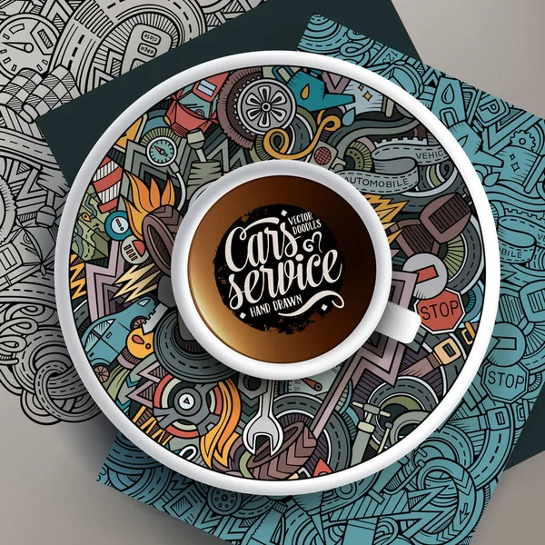ソーサー 背景にコーヒーと手描きの自動車のドアのカップとベクトルイラスト — ストックベクタ