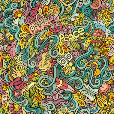 Cartoon hand-drawn Doodles on the subject of Hippie style theme seamless pattern. Colorful vector background clipart