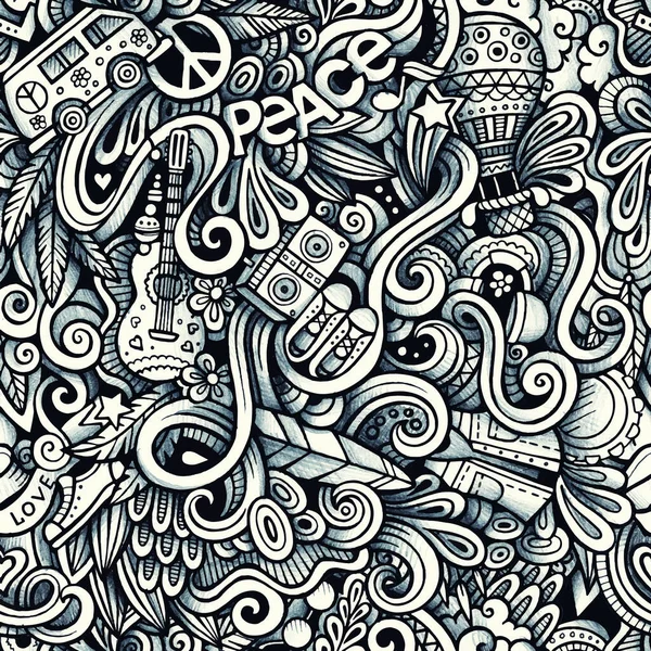 Gráfico Hippie Dibujado Mano Garabatos Artísticos Patrón Sin Costuras Monocromo — Vector de stock
