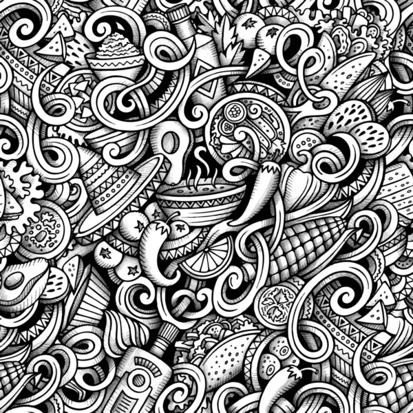 卡通手绘涂鸦墨西哥美食无缝图案 线条艺术痕迹详细 有大量的对象向量背景 — 图库矢量图片
