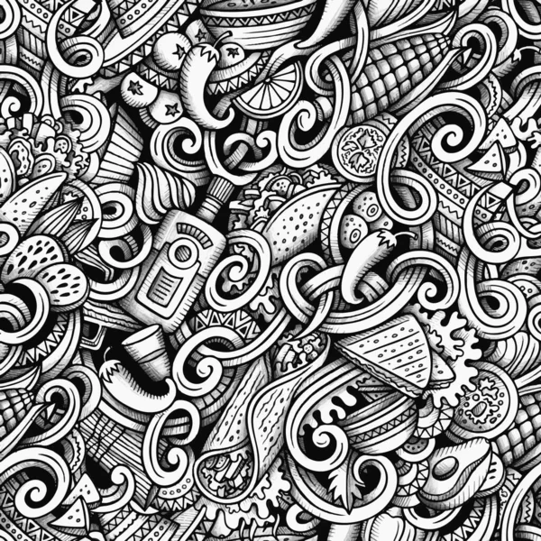 Cartoon Handgezeichnete Doodles Mexikanische Küche Nahtlose Muster Line Art Trace — Stockvektor