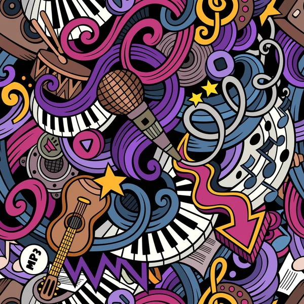 Handgezeichnete Cartoon Kritzeleien Zum Thema Musik Thema Nahtlose Muster Vektor — Stockvektor