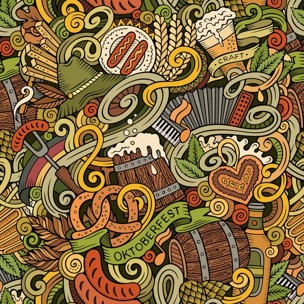 10月祭のシームレスなパターンを描いた漫画のかわいいドアの手 多くのオブジェクトの背景を持つカラフルな詳細 無限の面白いベクトルイラスト ビールのシンボルやアイテムと明るい色の背景 — ストックベクタ
