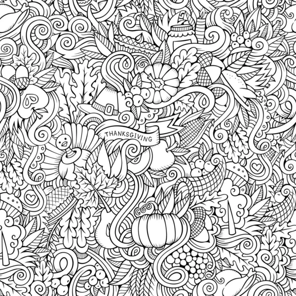 感謝祭の秋のシンボル 食べ物や飲み物のシームレスなパターンの対象に漫画ベクトル手描きの落書き 輪郭の背景 — ストックベクタ
