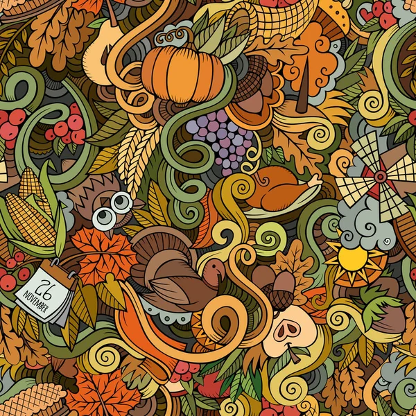 Cartoon Vektor Handgezeichnete Doodles Zum Thema Thanksgiving Herbst Symbole Speisen — Stockvektor