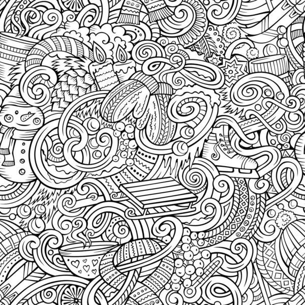 Cartoon Niedlichen Kritzeleien Wintersaison Nahtlose Muster Linienkunst Detailliert Mit Vielen — Stockvektor