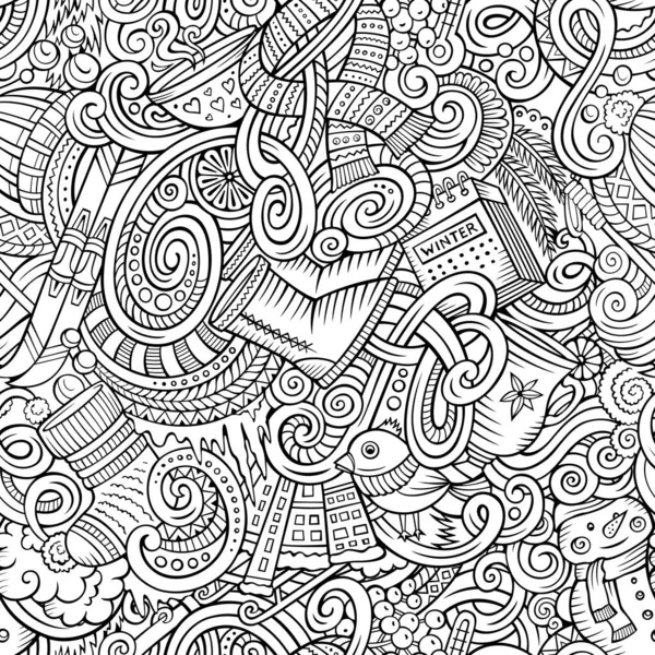 Cartoon Schattige Doodles Winter Seizoen Naadloos Patroon Line Art Gedetailleerd — Stockvector