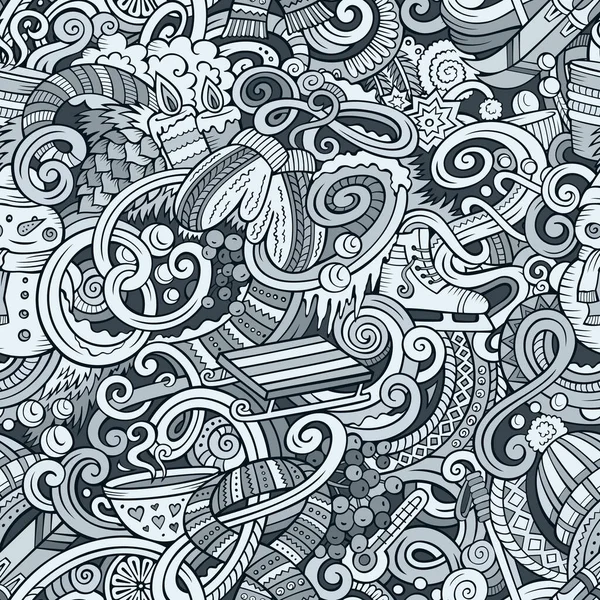 Cartoon Niedlichen Kritzeleien Wintersaison Nahtlose Muster Linienkunst Detailliert Mit Vielen — Stockvektor