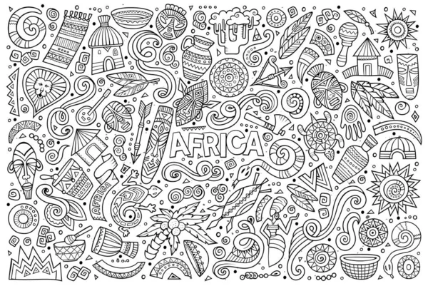 Line Art Vektor Kézzel Rajzolt Firka Rajzfilm Készlet Afrika Tárgyak — Stock Vector