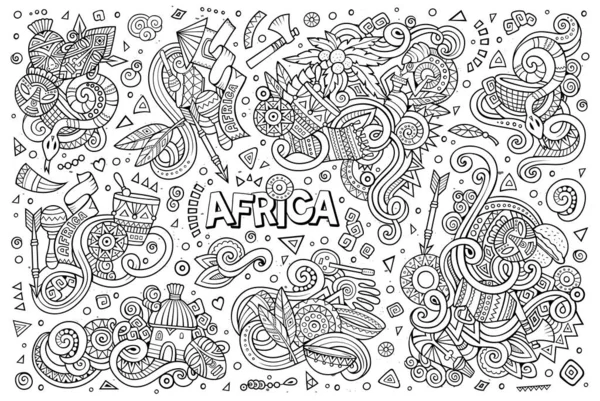 Line Art Vector Hand Drawn Doodle Cartoon Set Africa Objects — Stock Vector